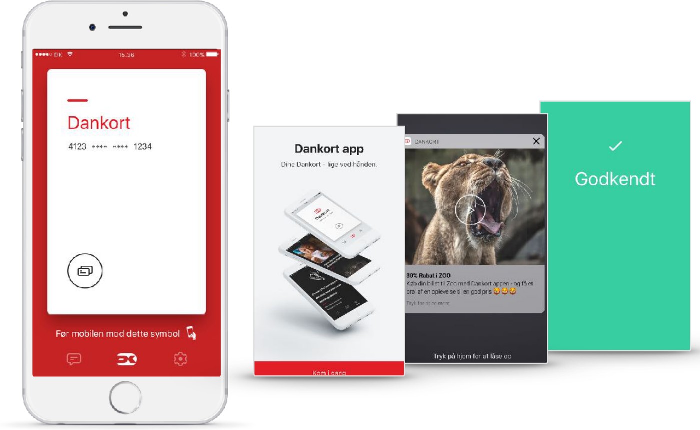 Dankort mobile wallet app screens — card view, onboarding, and payment approval.