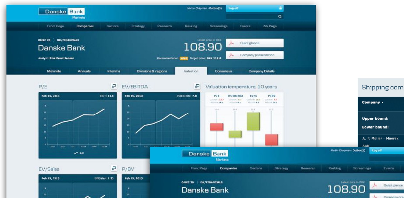 Danske Bank research platform — valuation charts, comparison tables, and screening tools.