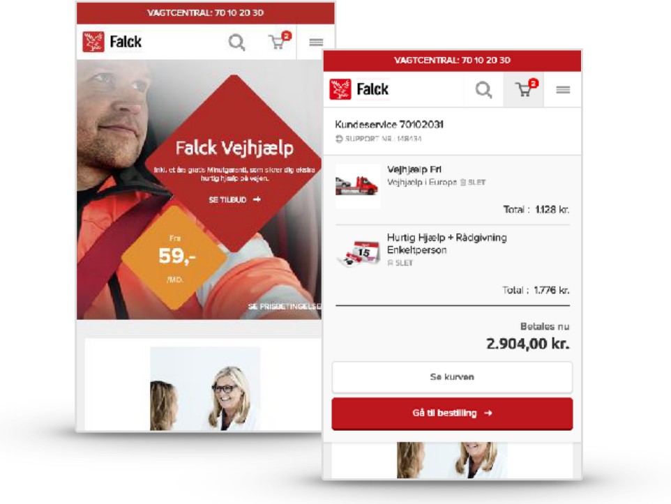 Falck.dk mobile product page and checkout flow.