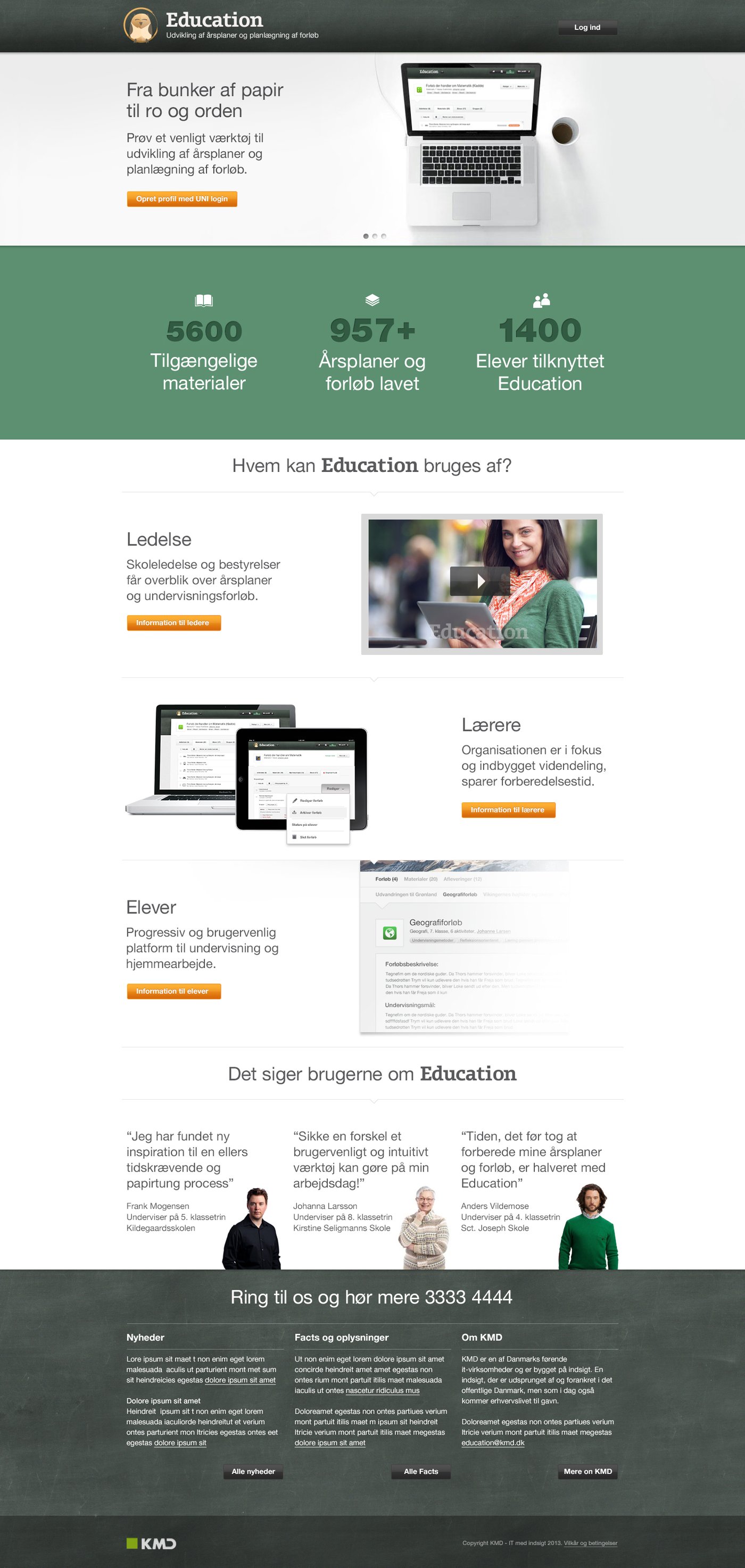 The full KMD Education pre-login concept page, from hero through feature sections and testimonials.