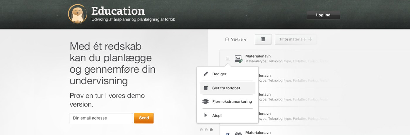 KMD Education pre-login site and in-product materials management with a context menu.