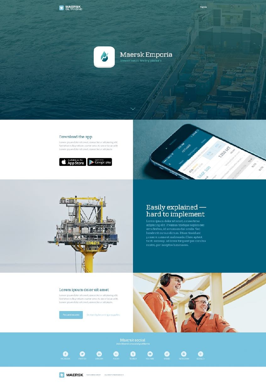Maersk Emporia trading platform — responsive marketing site and trading app on desktop.
